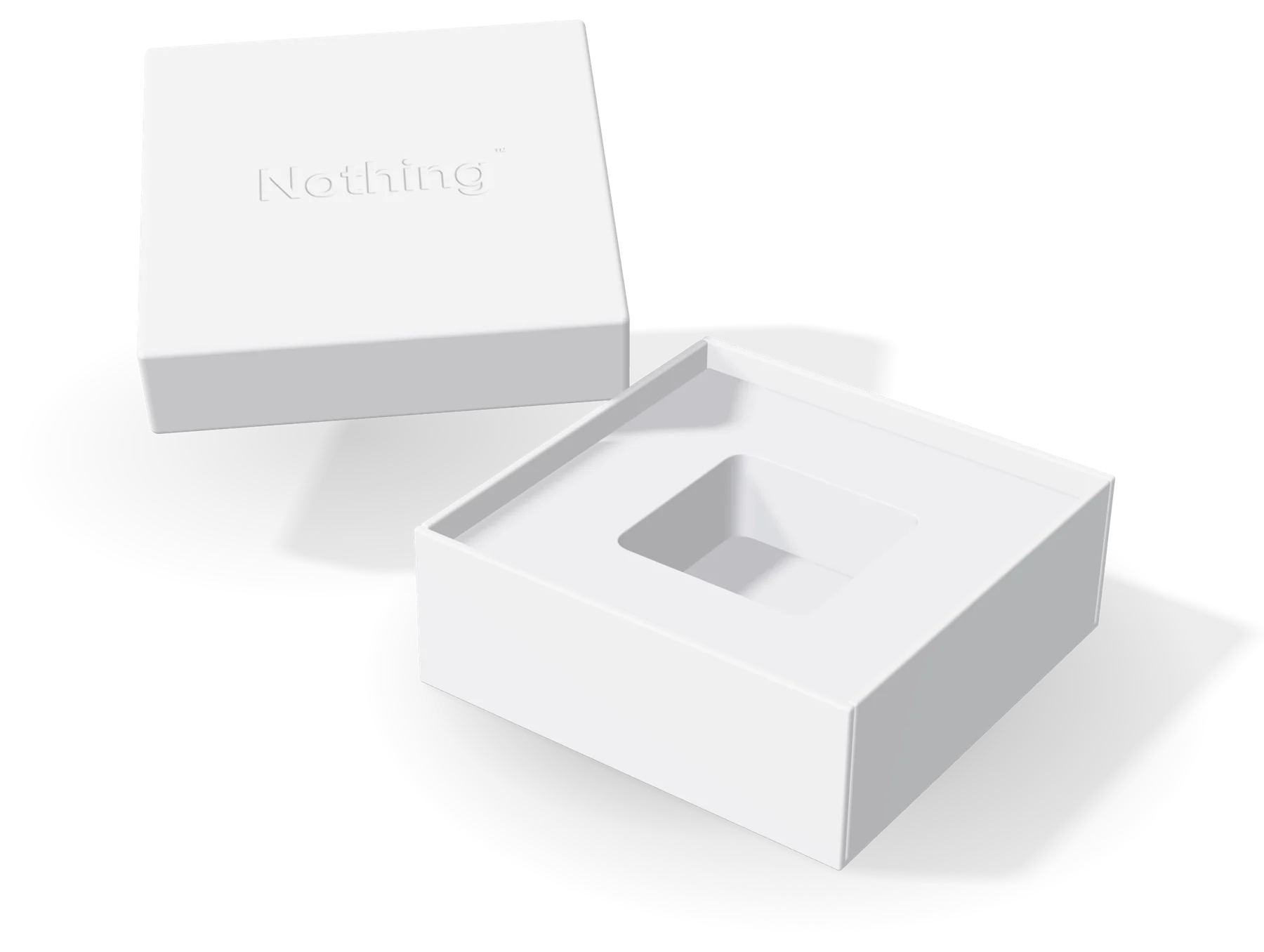An open white presentation box with its lid lifted. The fitted recess inside is empty.